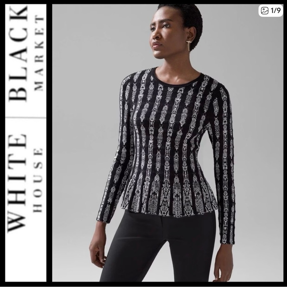 White House Black Market Black and White Vertical Patterned Long Sleeve Top